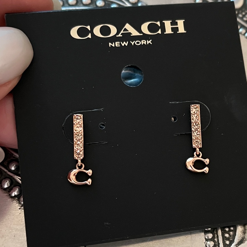 Coach designer rose gold copper earrings jewelry costume rhinestone
